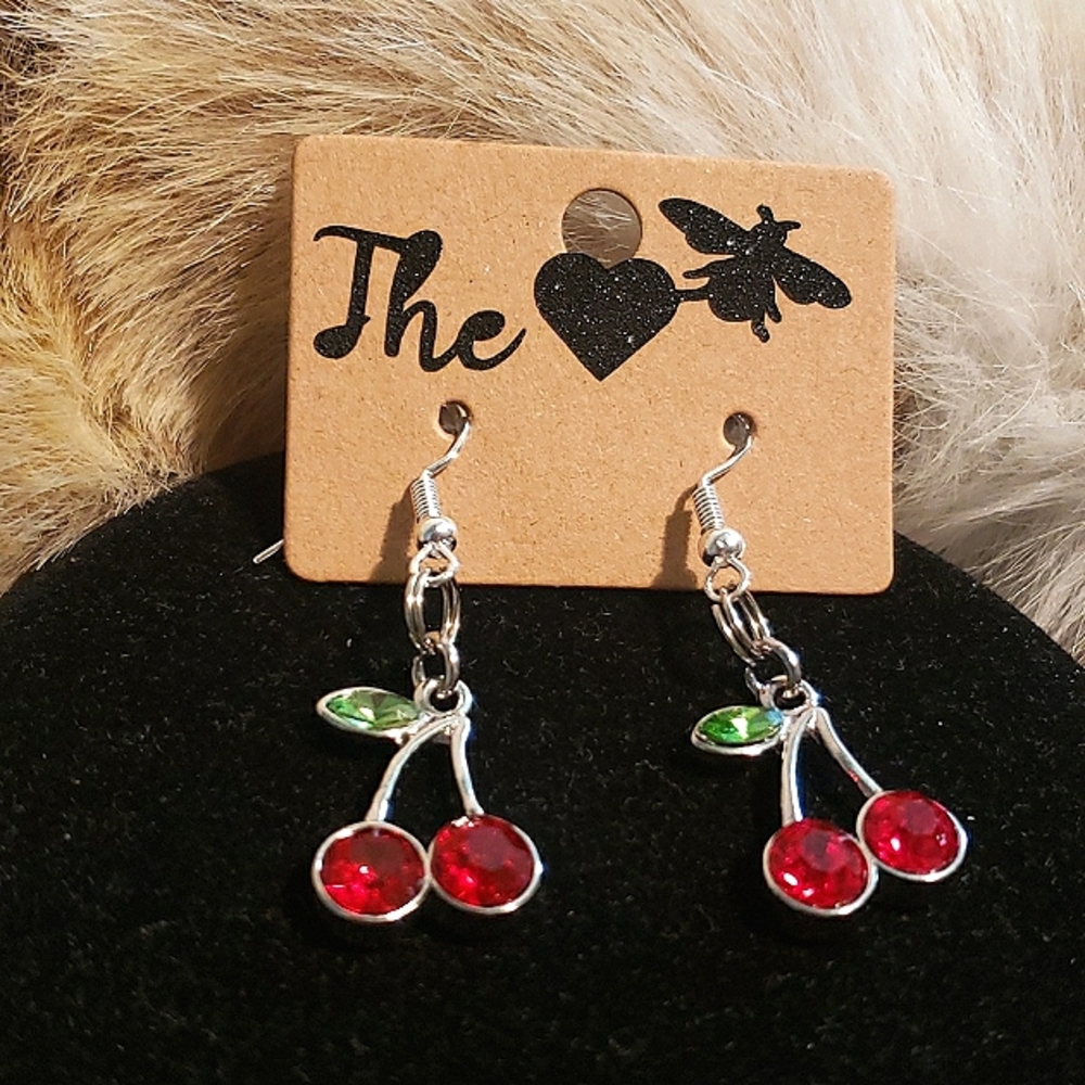 Cherry hook dropped rhinestone silver earrings/ rockabilly vintage style